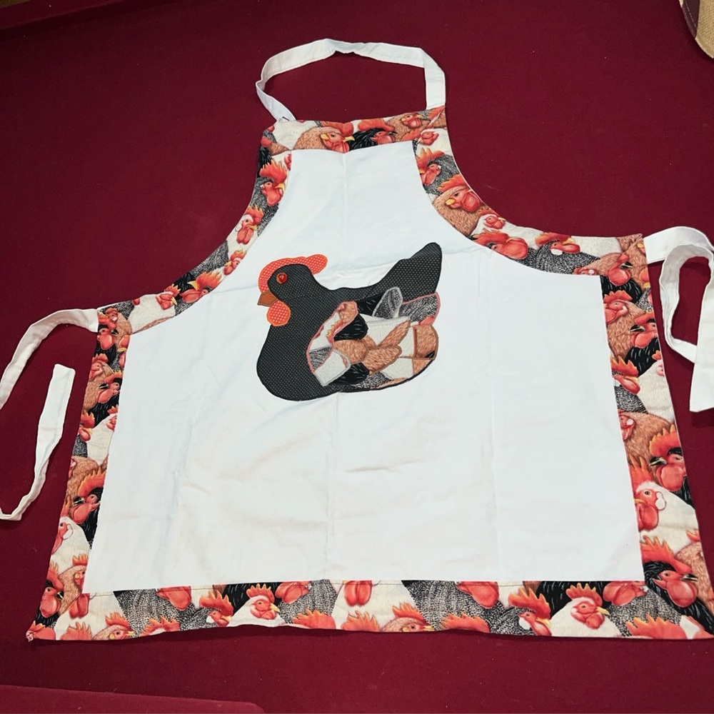 CHICKEN Apron hand made White Red Tan Orange marble Eye Patchwork Feathers New